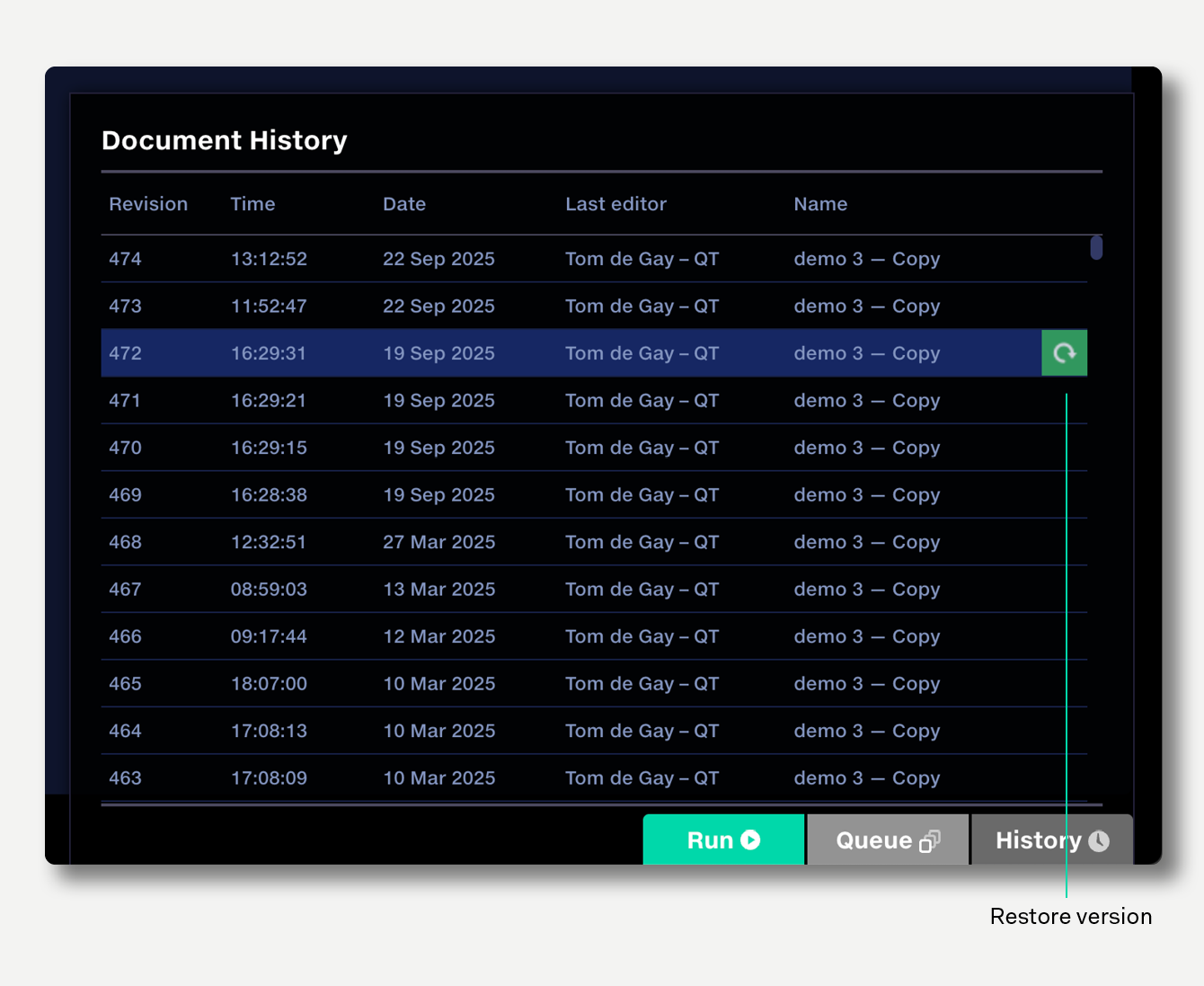 Pipeline history panel